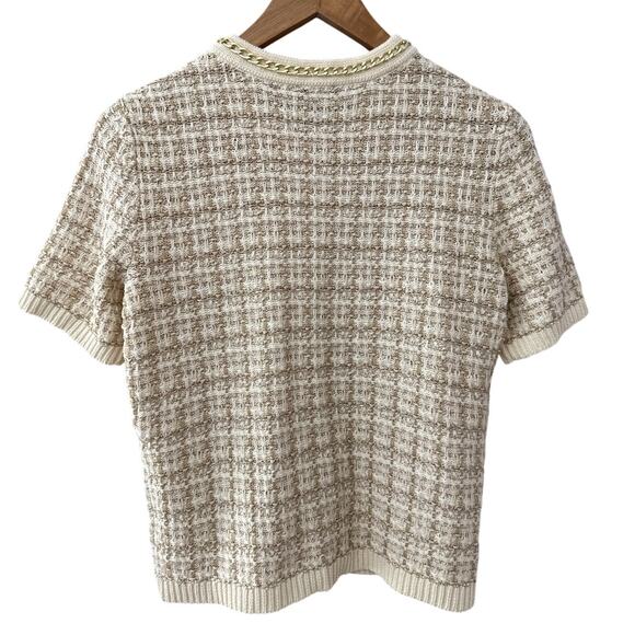 Talbots Short Sleeve Chain Trim Jacquard Cardigan Gold Ivory Size Small Petite - Picture 3 of 8